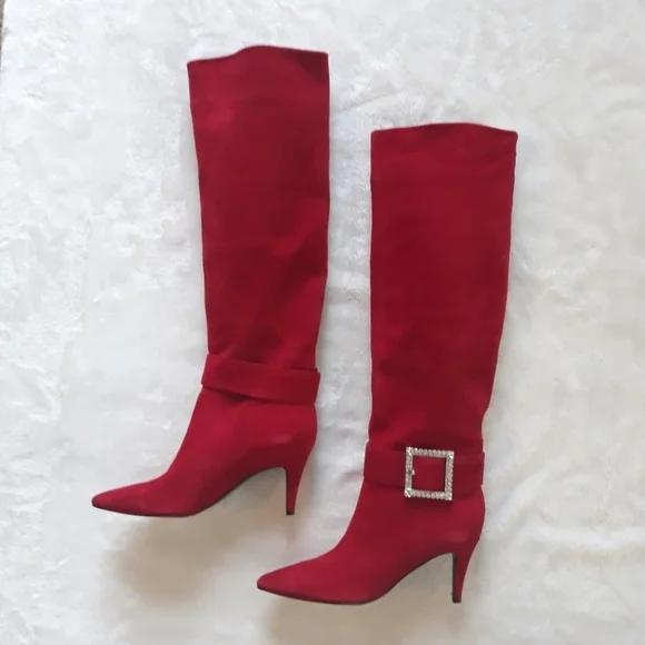 Marc Fisher Red Heeled Boots with Rinestone Buckle Size 7.5 NEW - Picture 2 of 8